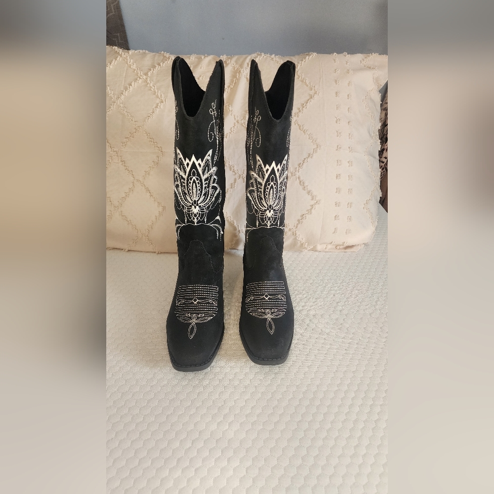 Black Faux Suede Cowgirl Boots